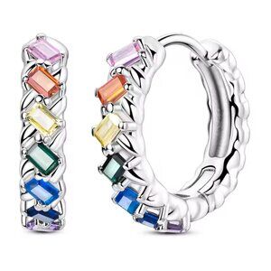 NEW ✨ 925 Silver Colorful Zircon T-Bar Braided Hoop Earrings | Rainbow Gift